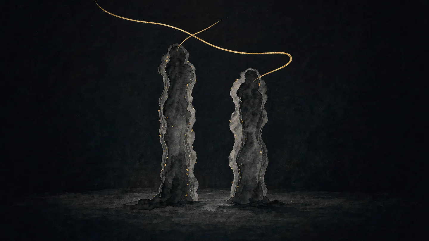 Ink-wash artwork of two columns side by side joined by a thin gold line