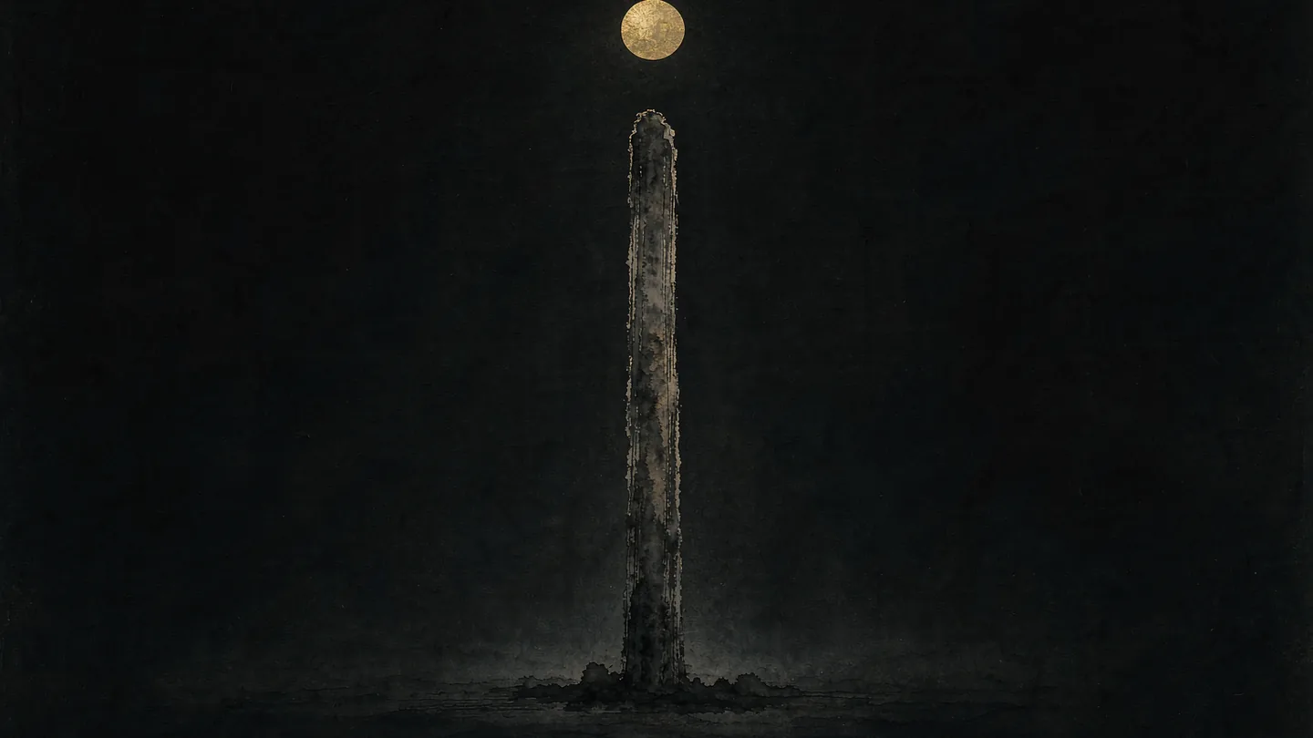 Ink-wash artwork of one tall column beneath a small gold disc