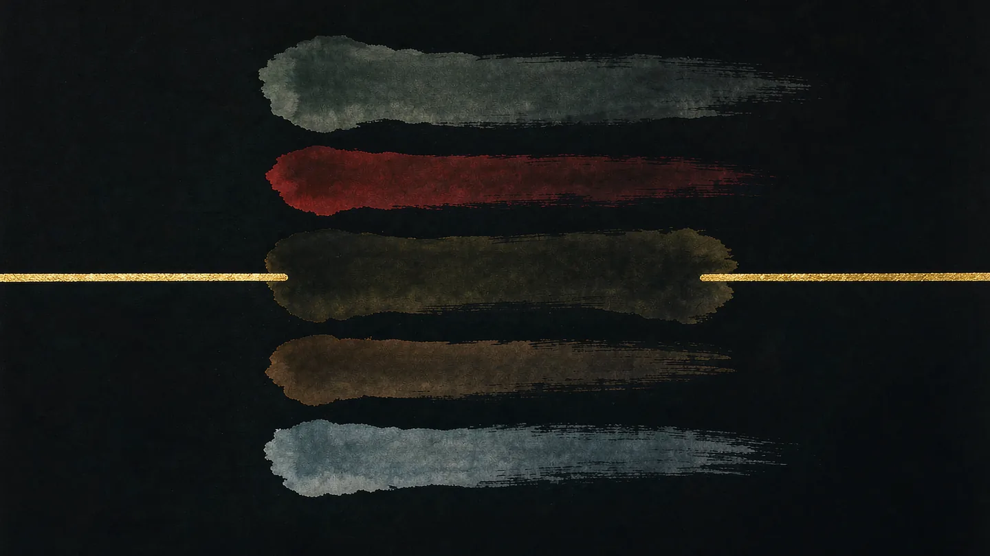 Ink-wash artwork of five parallel brush strokes across a thin gold line