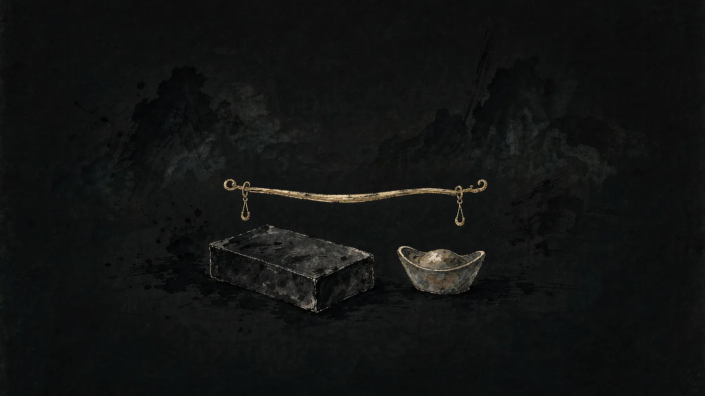 Ink-wash artwork of coins and an ingot beside a thin gold balance beam