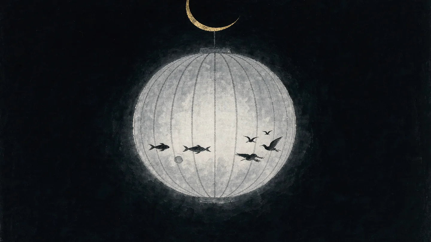 Ink-wash artwork of a lantern above small animal silhouettes and a gold crescent