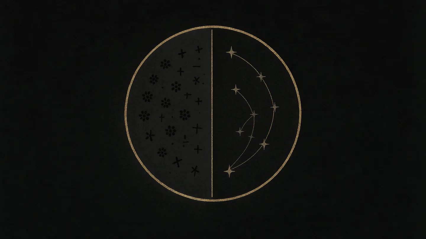 Ink-wash artwork of a divided gold circle with a zodiac ring and a constellation