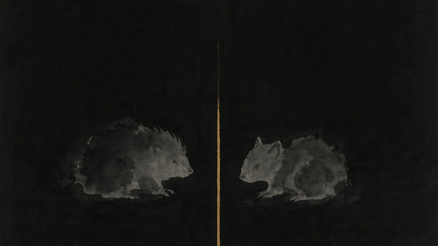 Ink-wash artwork of two animal silhouettes facing each other across a gold axis