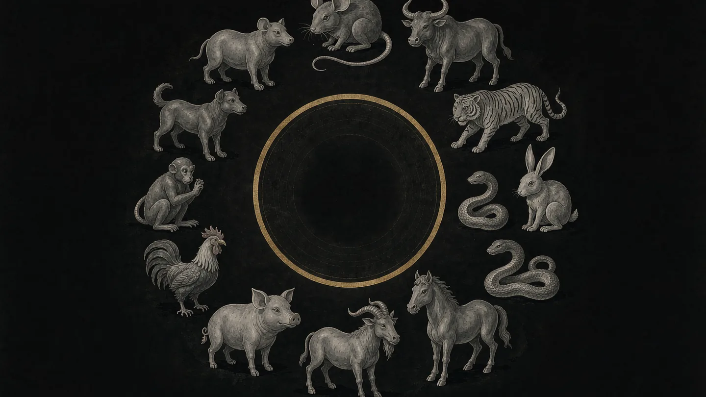 Ink-wash artwork of twelve small animal silhouettes around a gold ring
