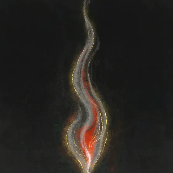 Ink-wash painting of a rising flame curling like a brushstroke
