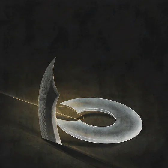 Ink-wash painting of a polished crescent blade resting against a pale jade disc