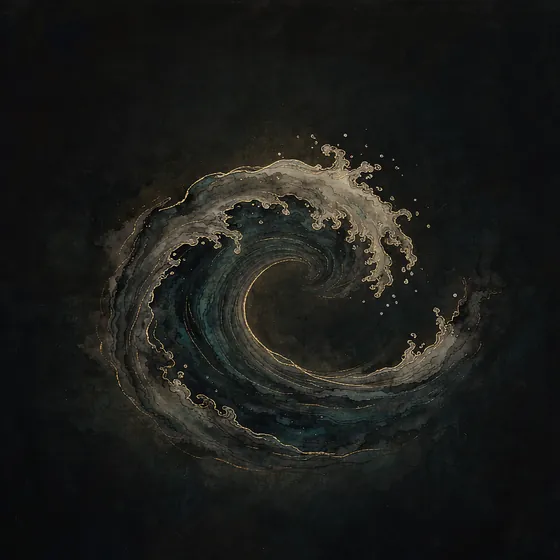 Ink-wash painting of a single curling wave with a breaking crest