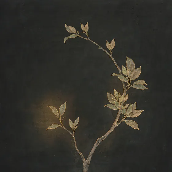 Ink-wash painting of a slender growing branch with fresh leaves