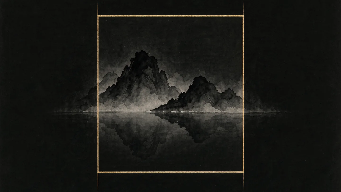 Ink-wash artwork of a mountain and its reflection inside a thin gold square