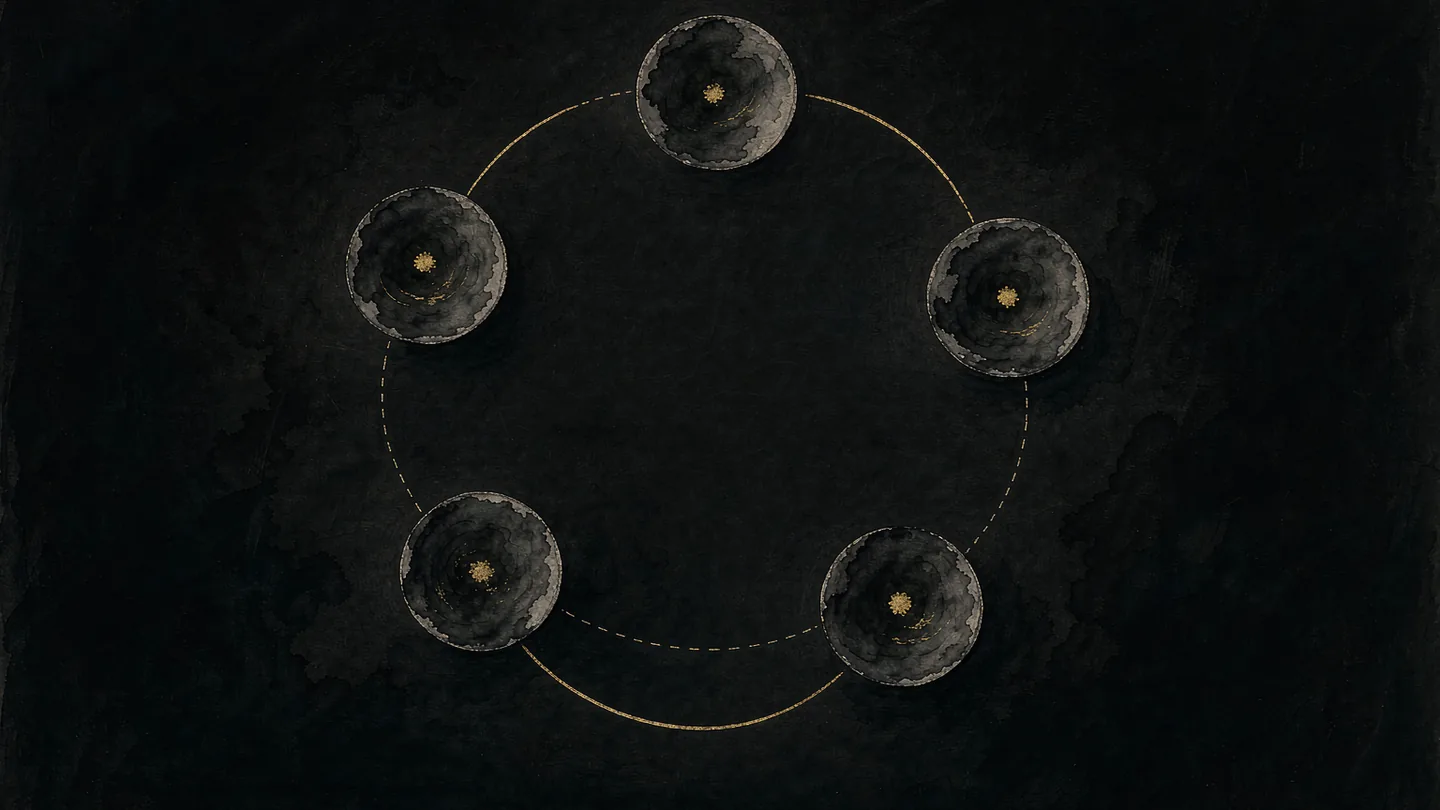Ink-wash artwork of five discs in a ring joined by gold arcs and dashed lines