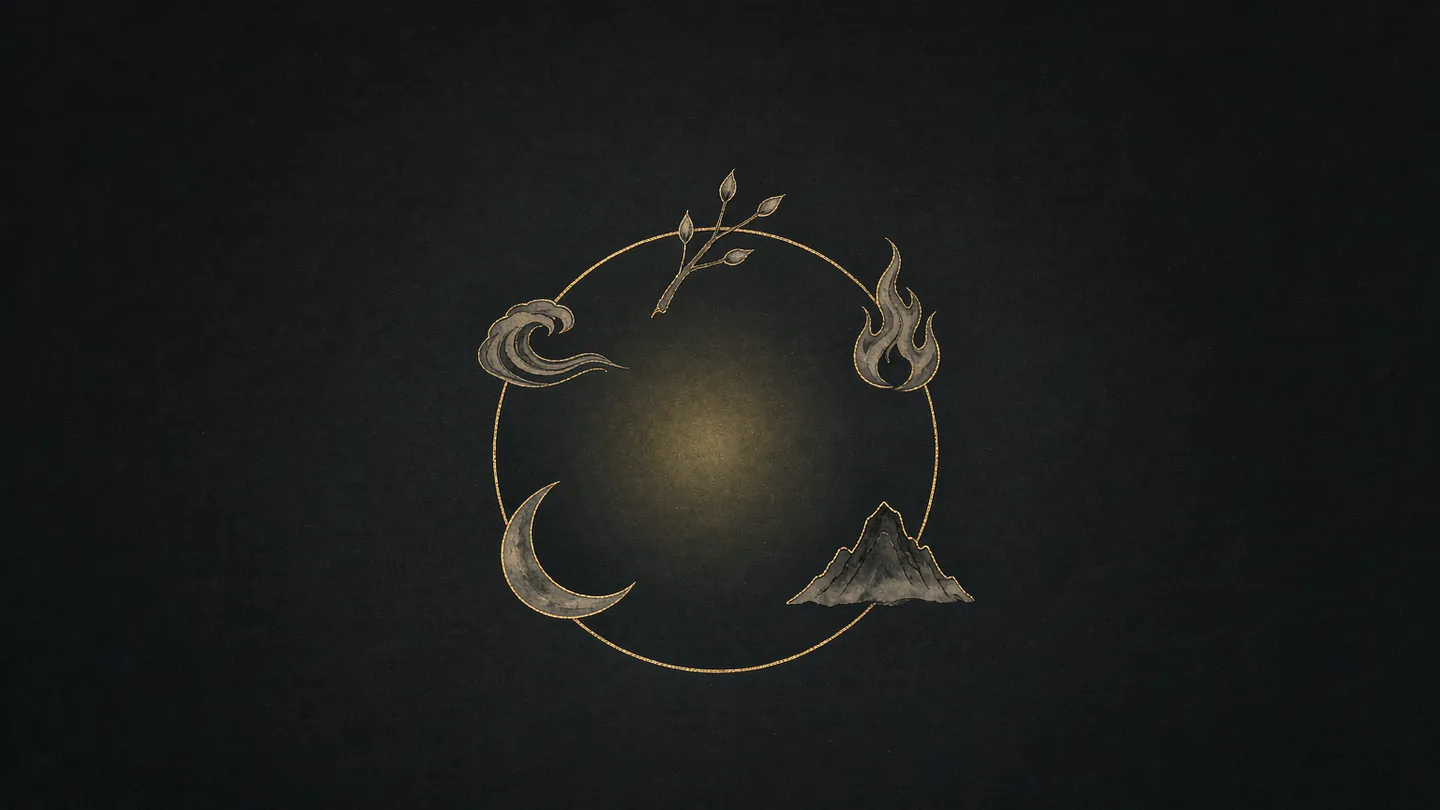 Ink-wash artwork of a branch, flame, mountain, crescent and wave arranged in a ring of gold
