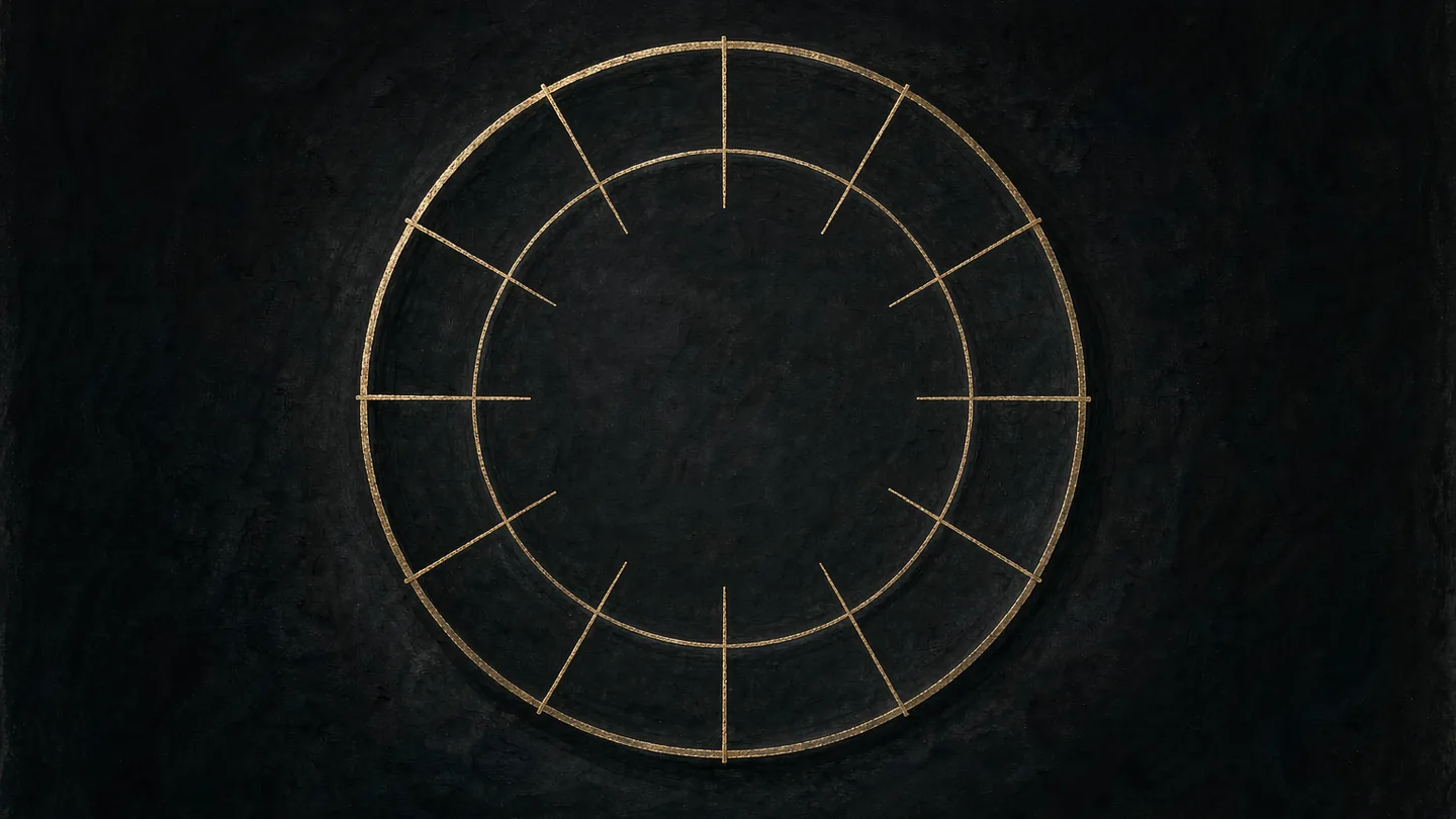 Ink-wash artwork of two concentric gold rings marked into ten and twelve