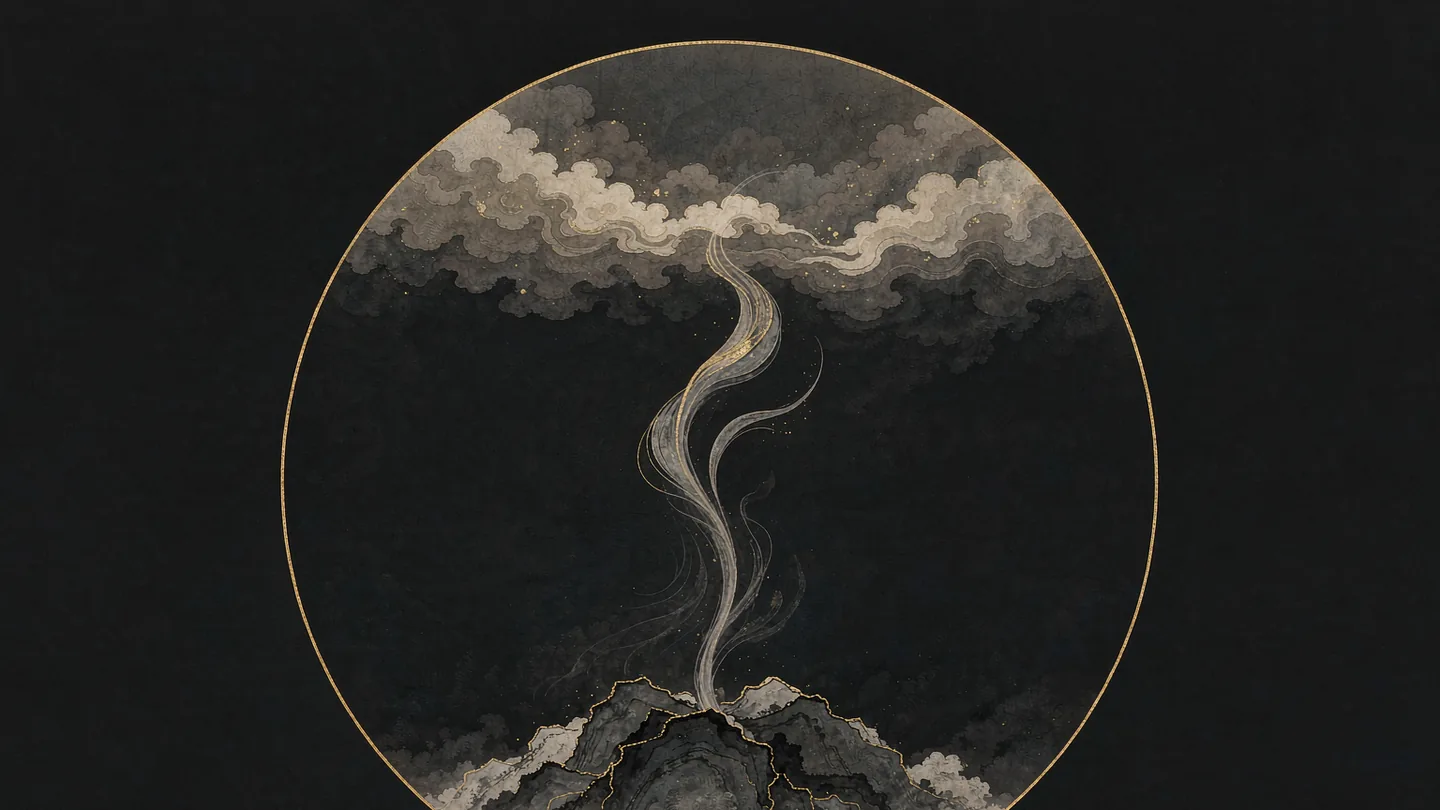 Ink-wash artwork of an ink sprout pushing up through a layer of stone beneath a bank of cloud