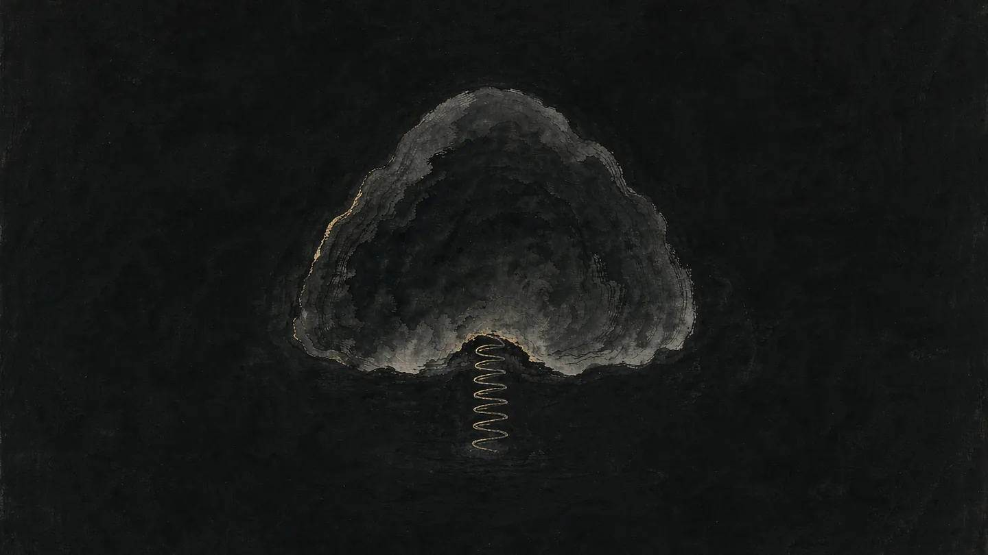 Ink-wash artwork of a spring emerging from the base of a dark ink mountain