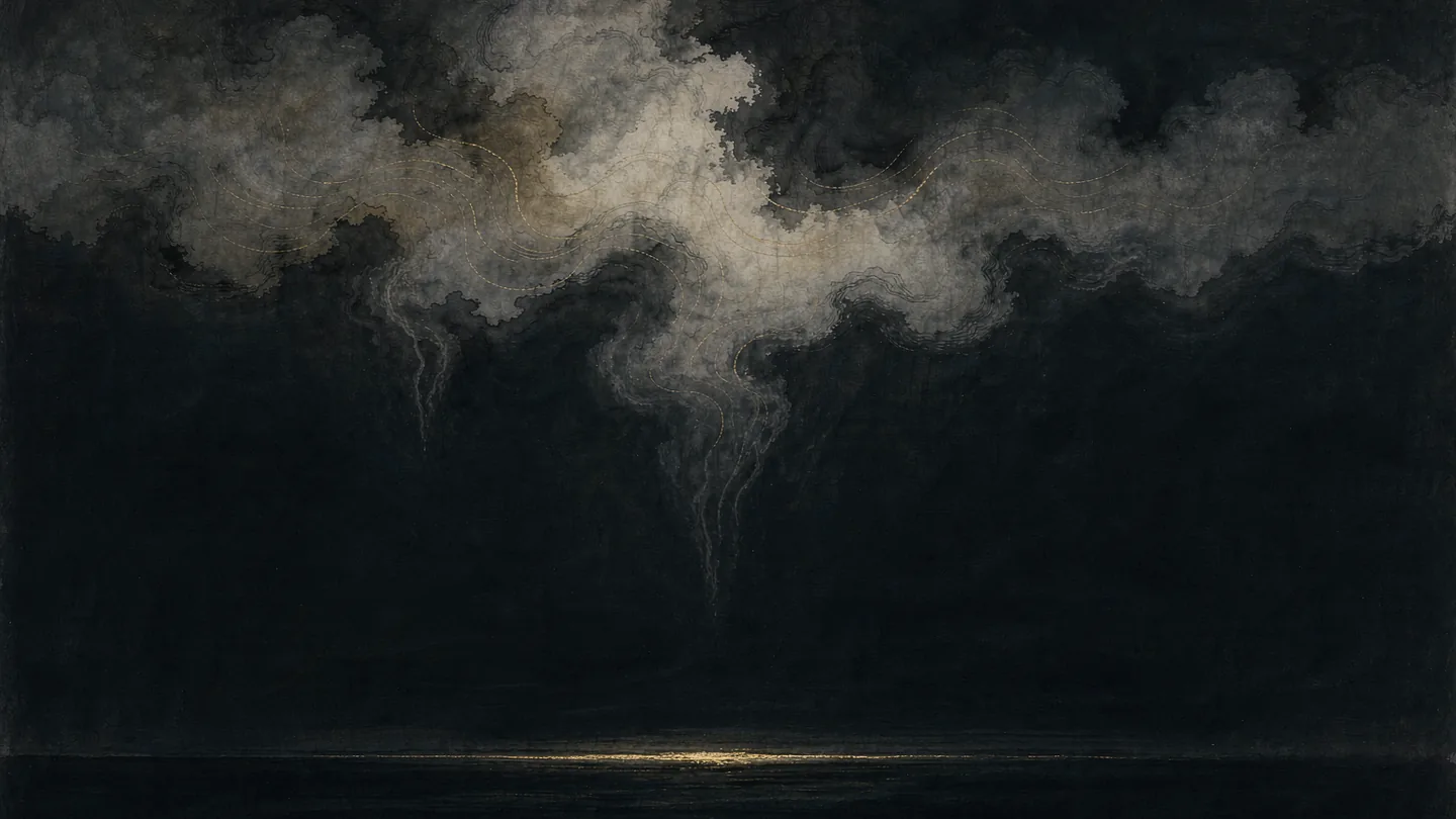 Ink-wash artwork of clouds gathered above a still horizon line of thin gold