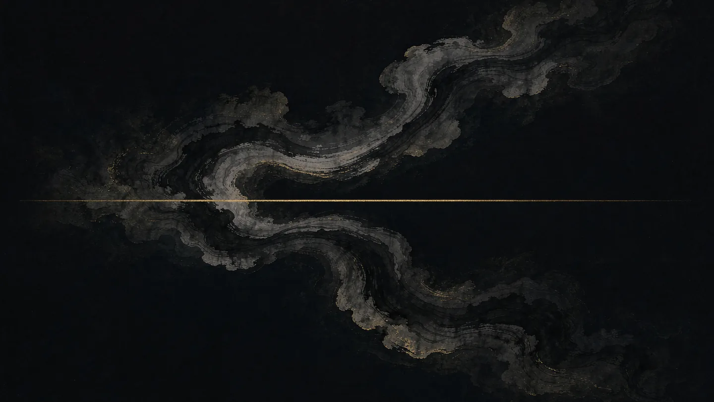 Ink-wash artwork of two ink currents moving in opposite directions across a gold axis