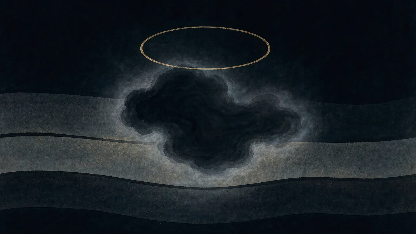 Ink-wash artwork of an ink mass of still water held within the folds of dark earth
