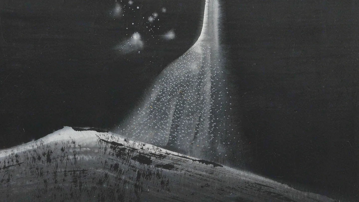 Ink-wash artwork of many small water streams flowing over dark earth and merging into one current