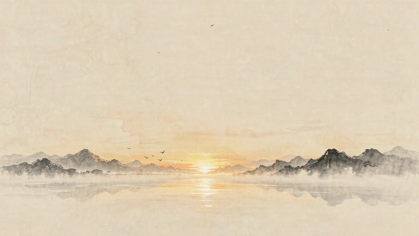 Ink-wash artwork of a calm valley at sunrise, with mist rising from the earth and light descending from the sky and meeting in a band of haze above a still lake