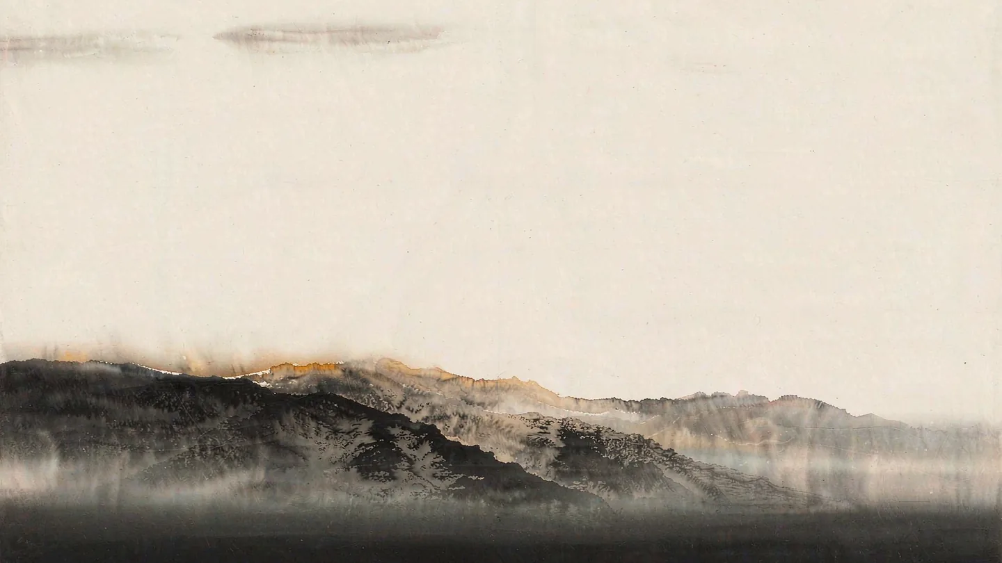 Ink-wash artwork of a landscape divided in two: a vast empty sky above, a closed walled valley below, and a hard band of haze between them that nothing crosses