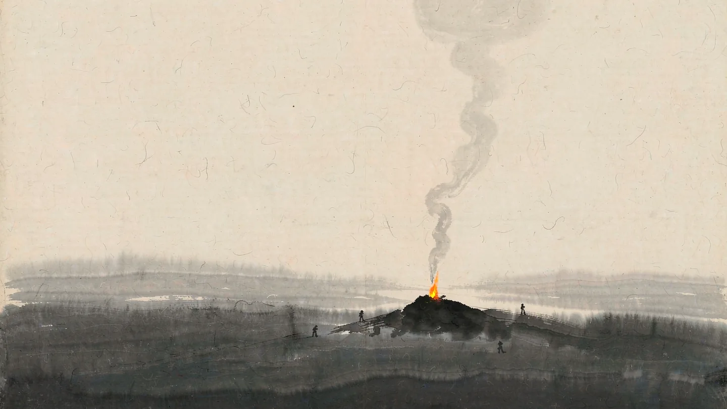 Ink-wash landscape of a single fire burning on a low hill at dusk, its smoke rising into an empty sky, with a few small figures walking toward it across an open plain