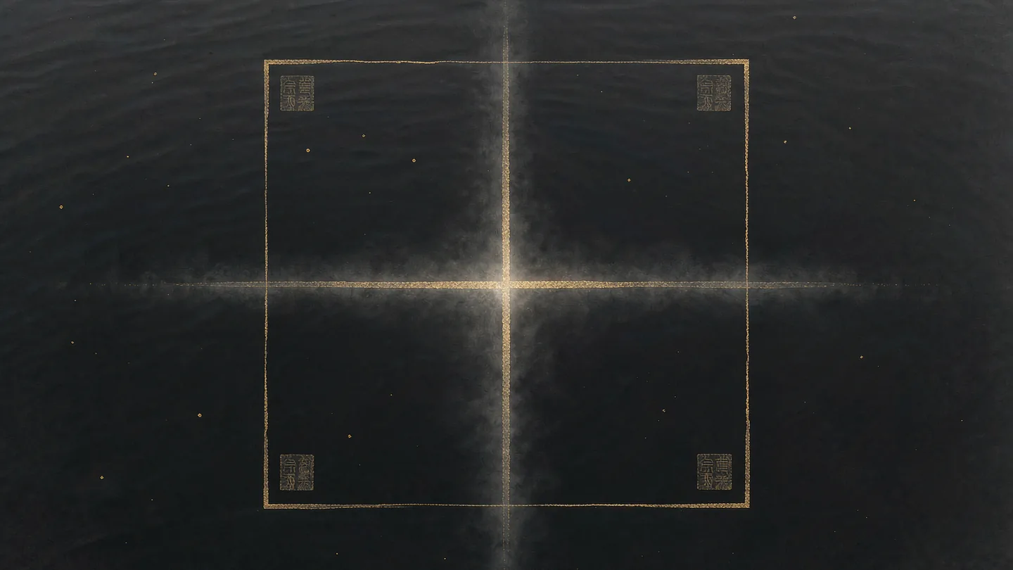 Ink-wash artwork of a fine gold grid over dark water with small seals at the corners