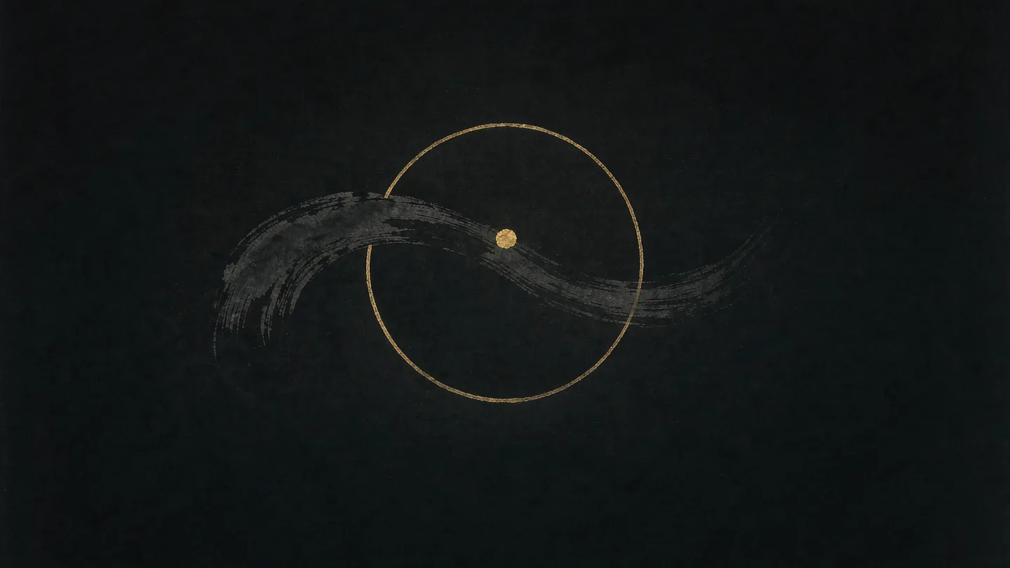 Ink-wash artwork of an ink wave and a particle orbit crossing a gold circle