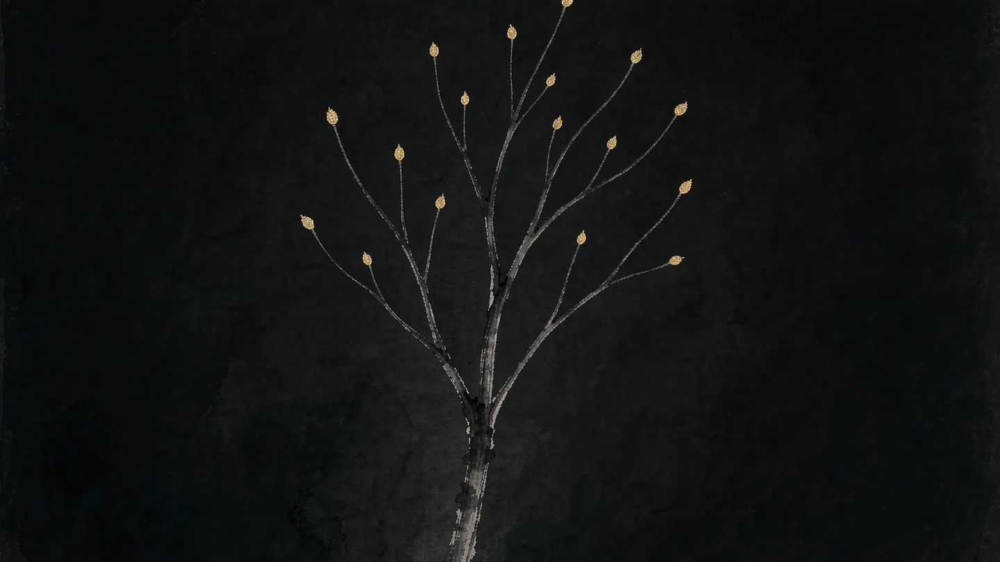 Ink-wash artwork of one trunk branching into ten stems with small gold nodes